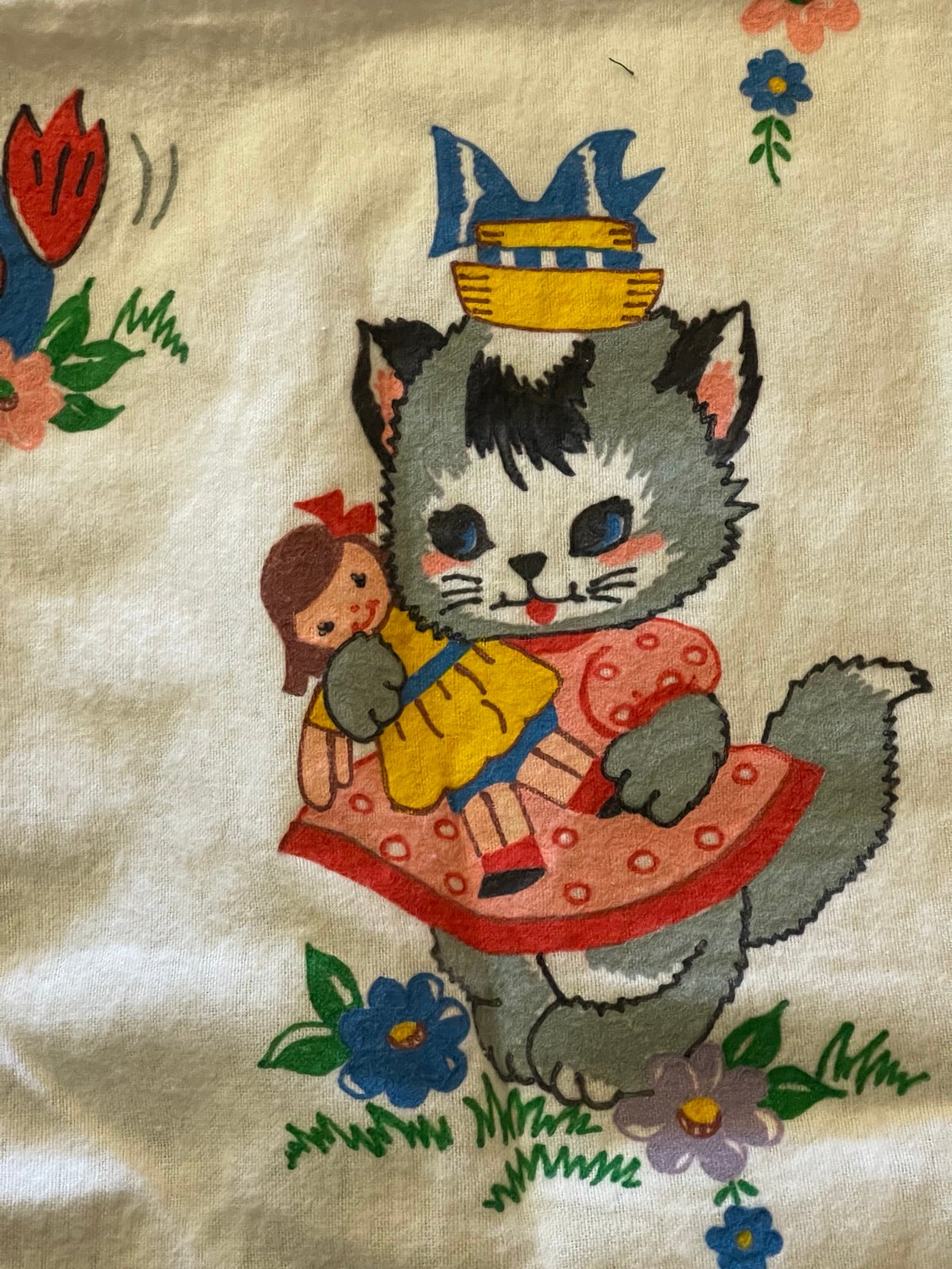 Rare 1960-1970s Baby Receiving Blanket Animals Kitten Puppy Chic Crib Blankie
