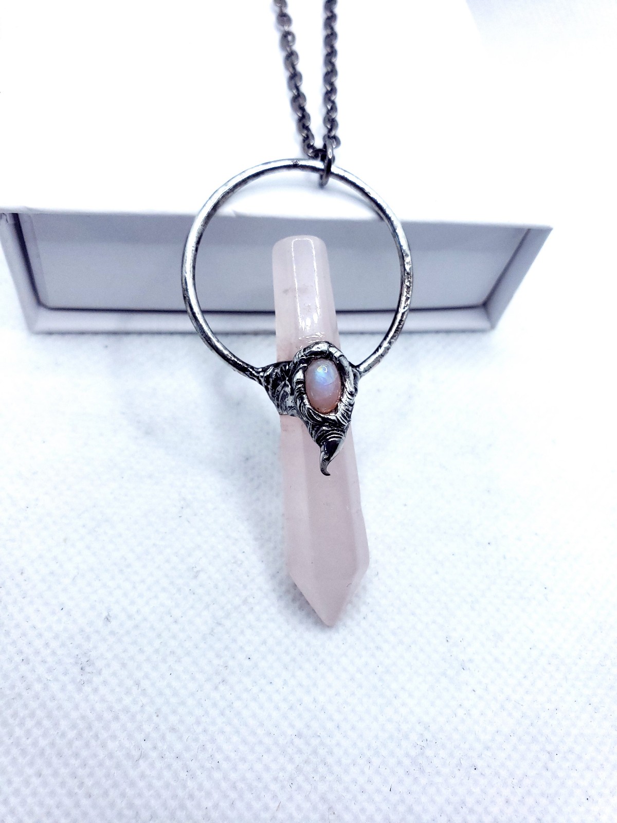 Rose quartz and moonstone crystal necklace handmade gothic fantasy