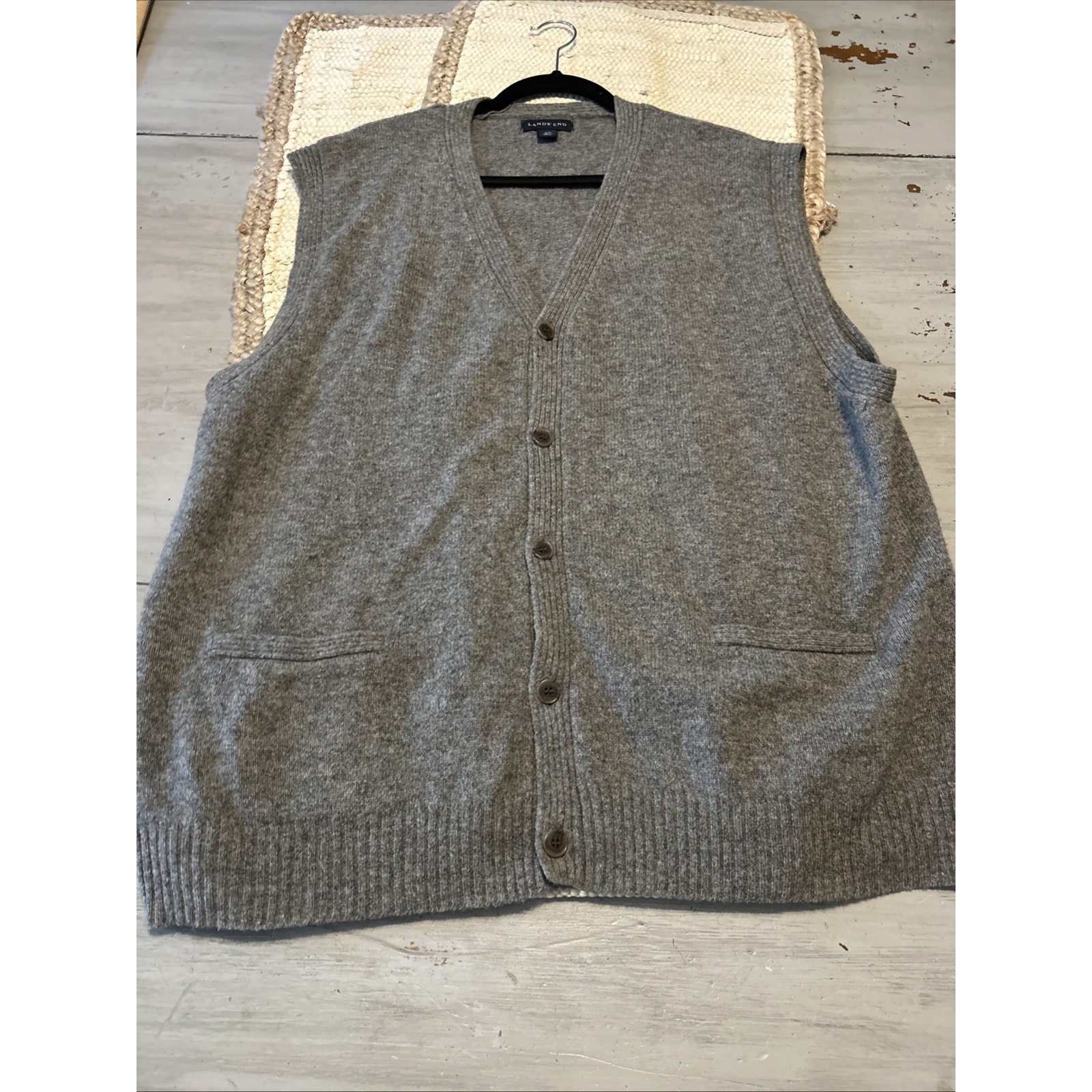 Vtg Lands End Gray Cardigan Sweater Vest 100% Wool Mens Sz XXL Button Front