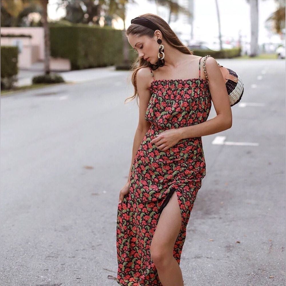 Elliatt Floral Regal Cinch Midi Dress floral red black ribbon front tie ruched