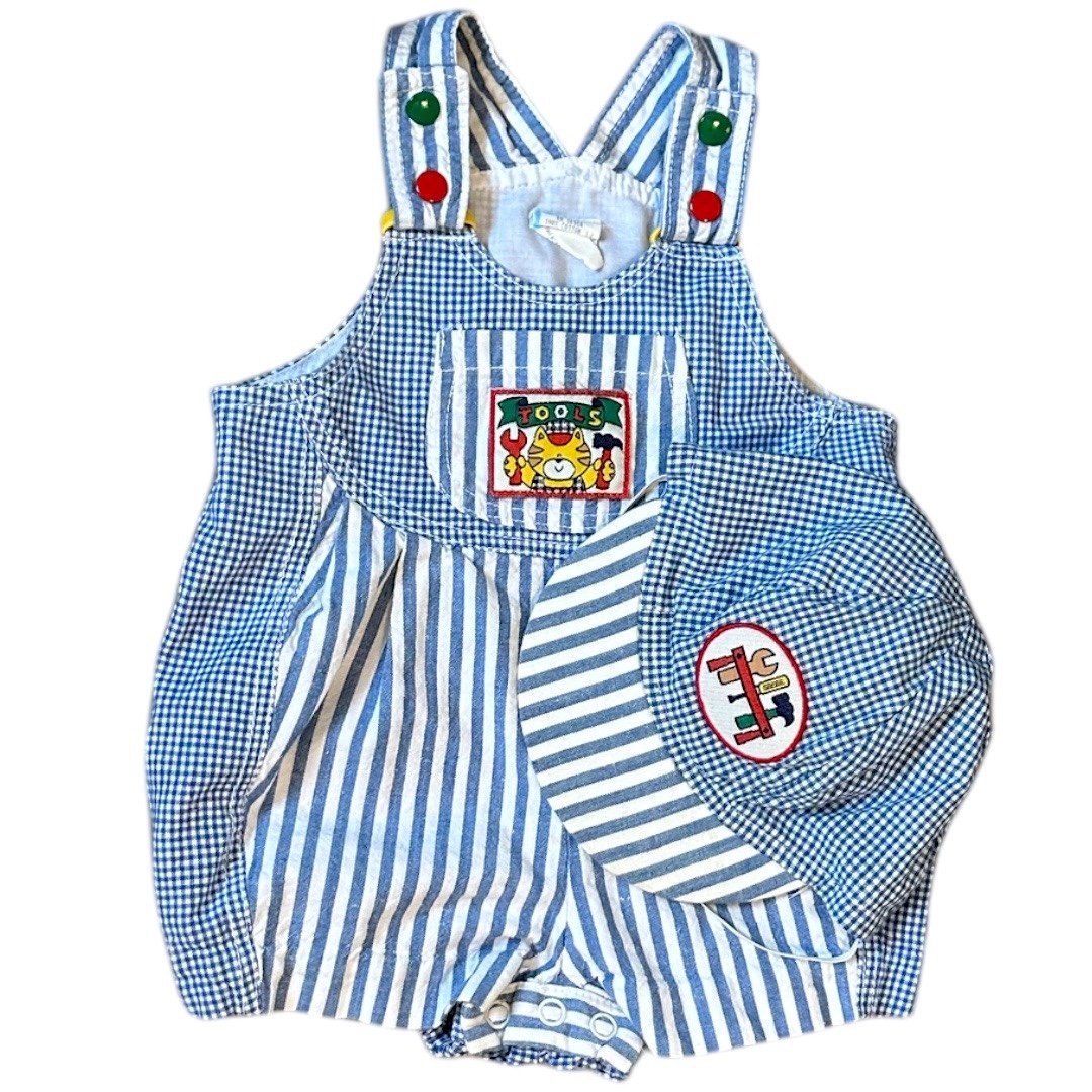Vintage 90s Overalls Jon Jon with Matching Hat 6-9 Months Baby Boy Cotton Blue S
