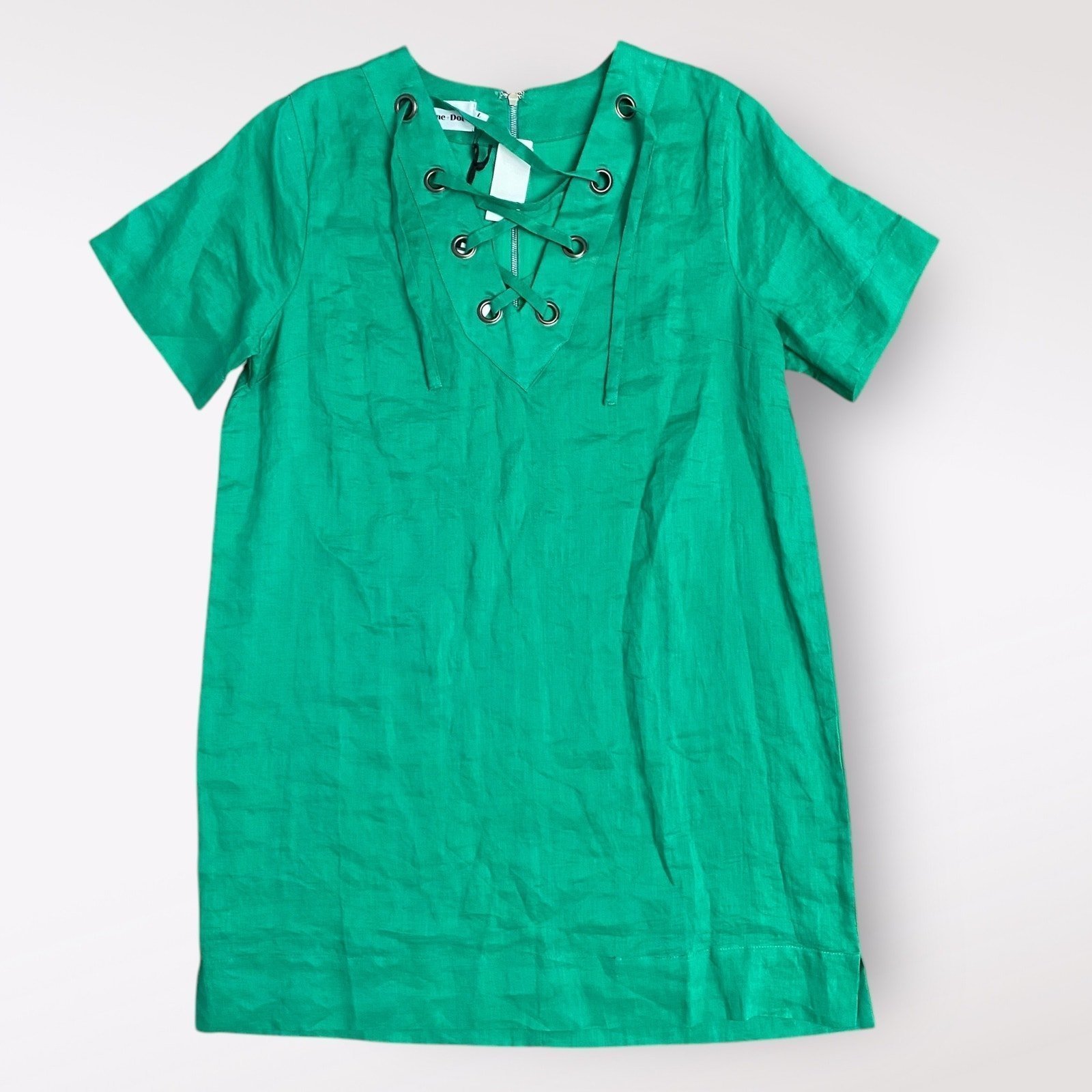 Line & Dot Kelly Green Linen Delaney Mini Dress NWT Size L Preppy Sundress