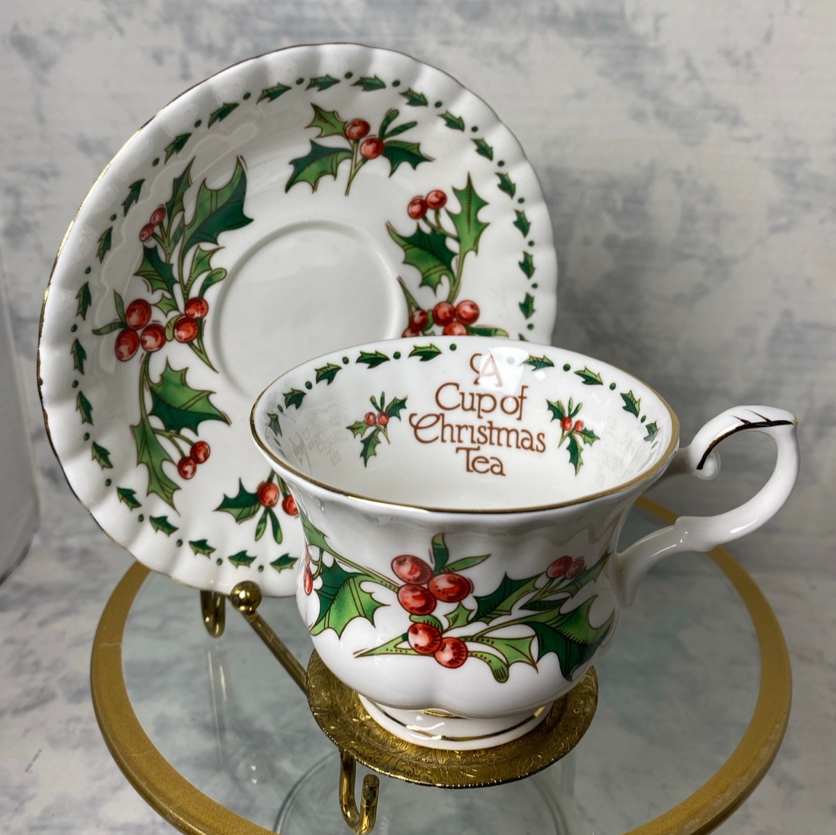 Tom Hegg A CUP OF CHRISTMAS TEA Bone China Tea Cup, Saucer, & Stand 1992