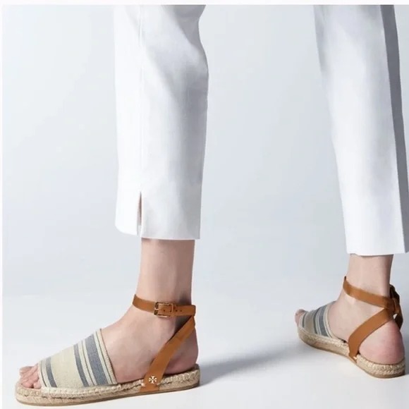 Tory Burch Stretch-Canvas Espadrille Sandal Awning Ivory/Blue Size 8.5