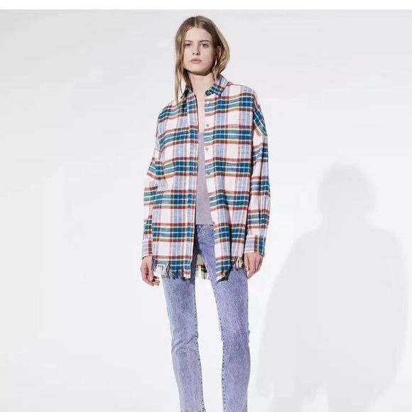 NWT IRO Darkina oversized frayed checked cotton shirt Size 34