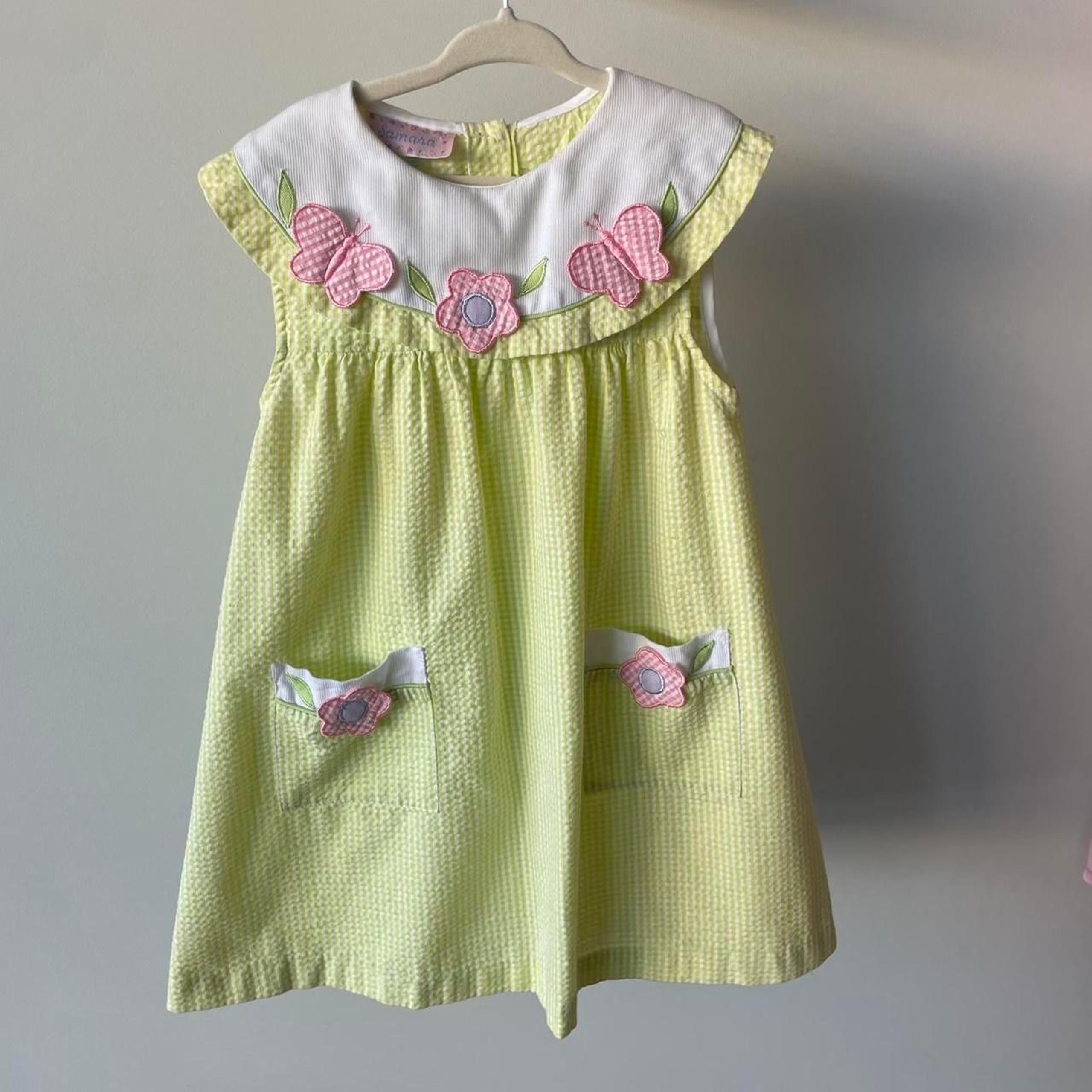 Vintage 90's Green & White Gingham Dress Pink Butterflies Flowers Cottage Preppy