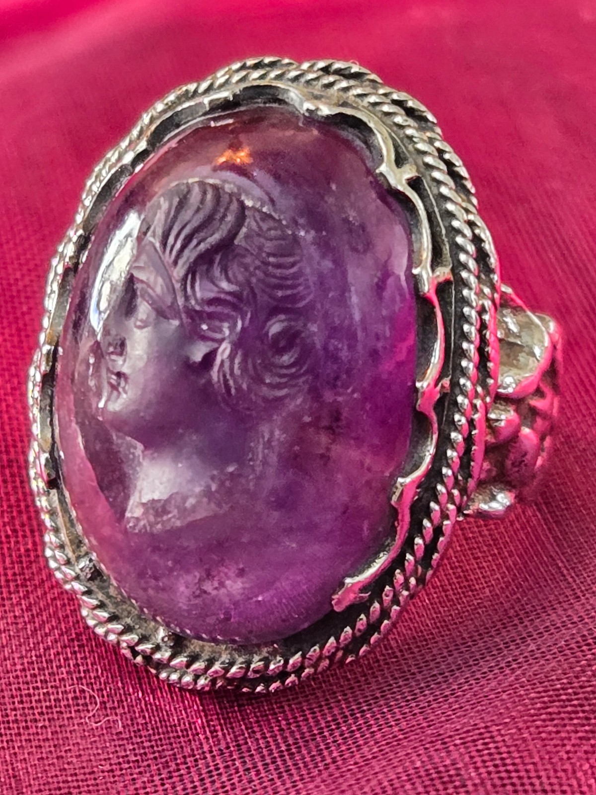 Antique 900 Silver Carved Amethyst Cameo Ring Size 6.25.