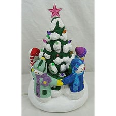 Lighted Ceramic Christmas Tree with Snowmen Rustic Hand Painted 11
