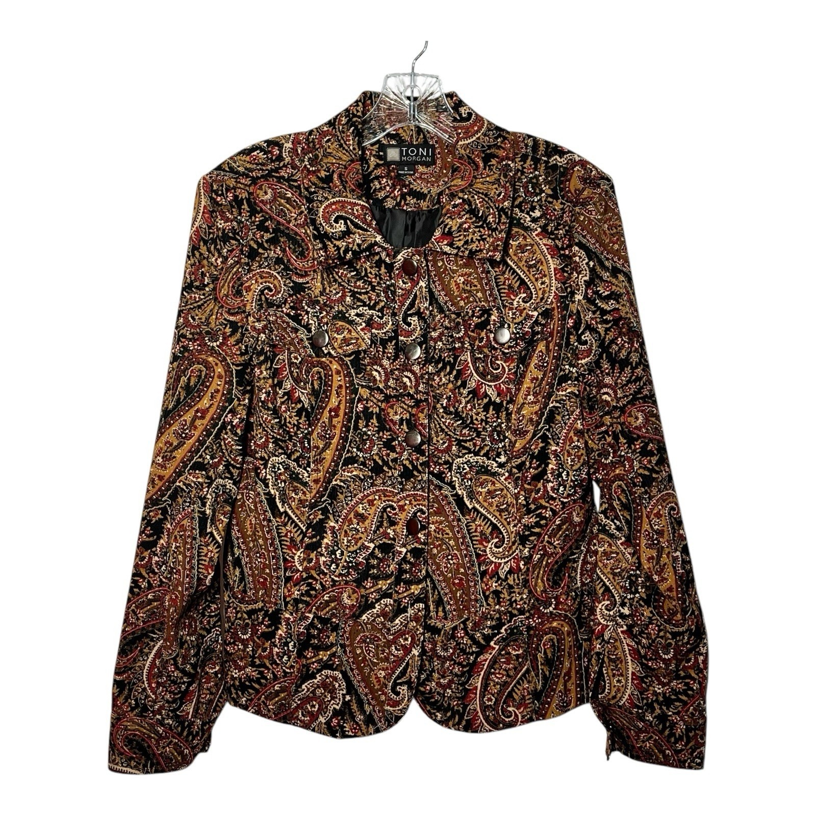 Toni Morgan Womens Jacket Size Small Button Up Brown Paisley Stretch Corduroy