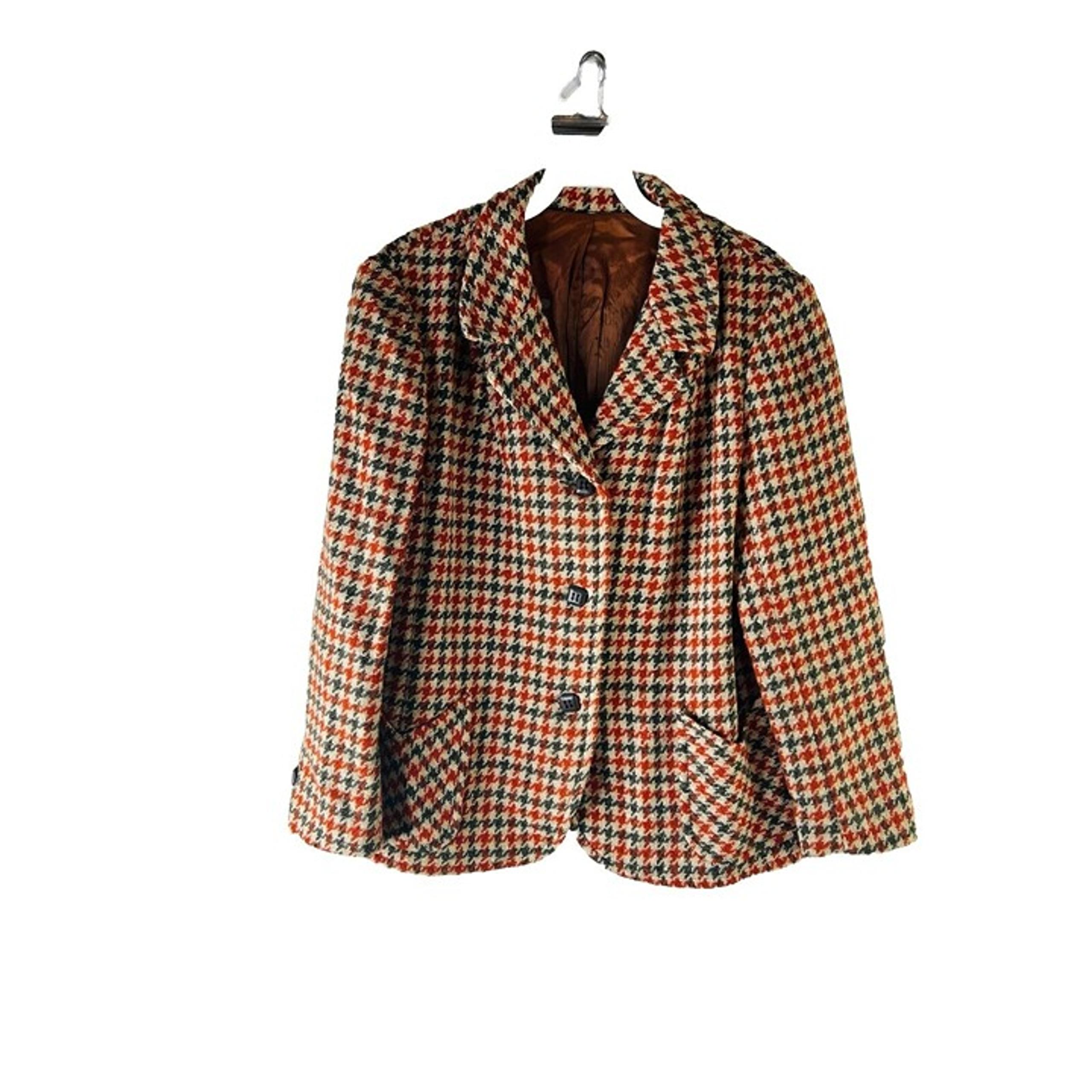 Vintage 70s Womens Medium Wool Houndstooth Plaid Blazer Jacket USA Hippy Disco