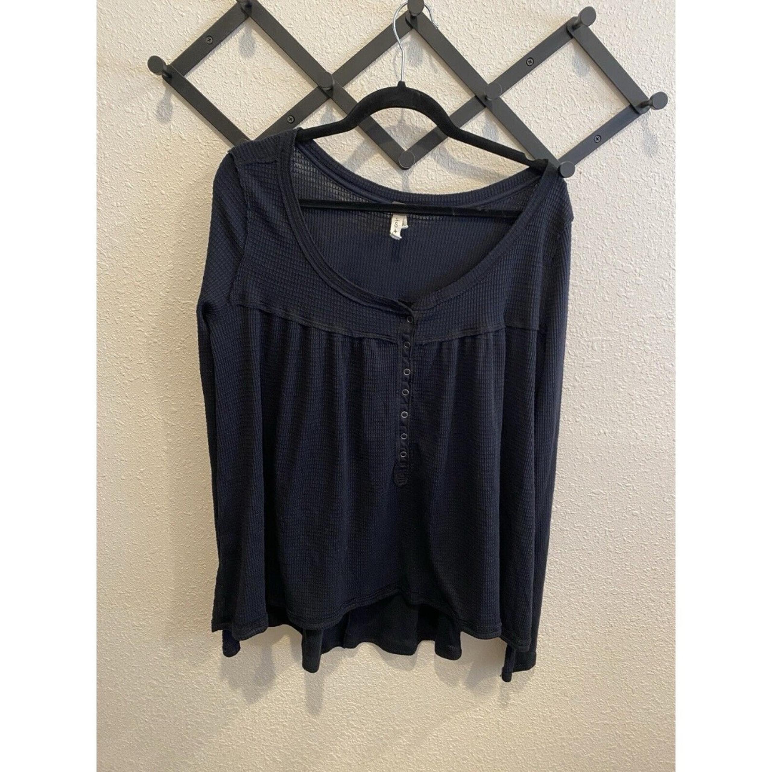 Free People We the Free Black Kai Henley Waffle Knit Scoop Neck Womens Size S