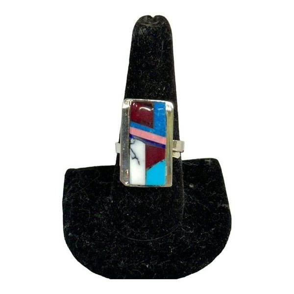 Zuni Native American Turquoise Howlite Onyx Inlaid Ring Sterling Sign Nez 8.25