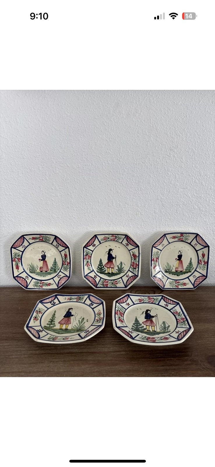 Set 0f 5 HB Quimper Mistral Blue 7 inch Plates Breton Man Woman Octagonal