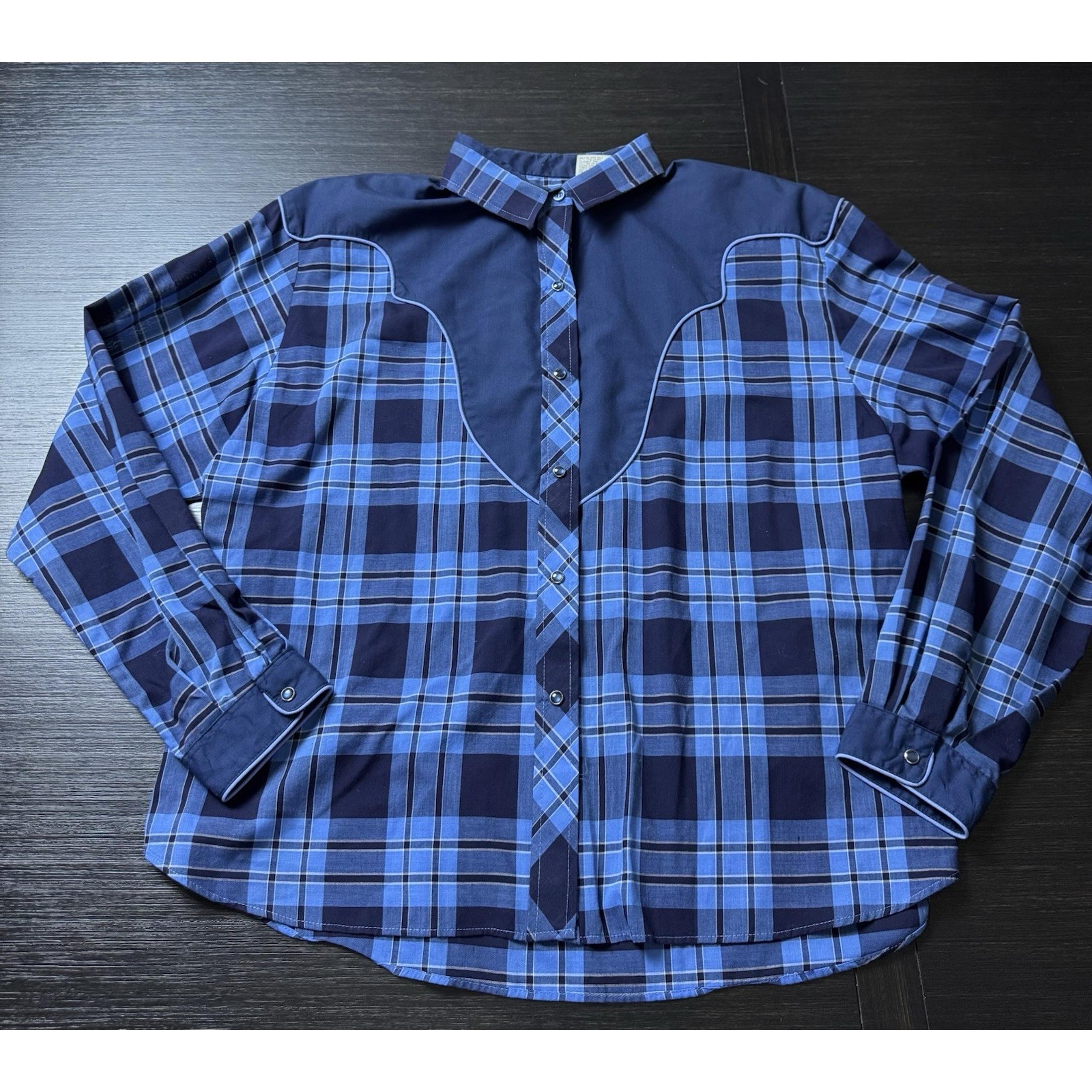 Vtg KENNY ROGERS Women's Karman Western Shirt Blue Plaid Sz 17/18 fits M