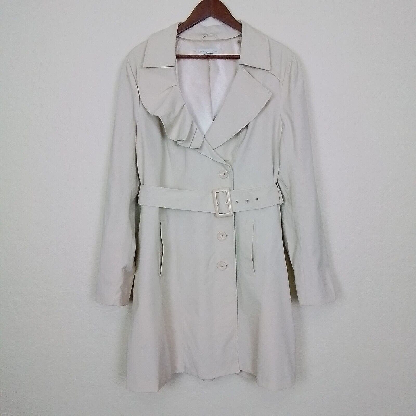 New York & Company Beige Ruffle Notch Collar 4 Button Belted Trench Coat XL