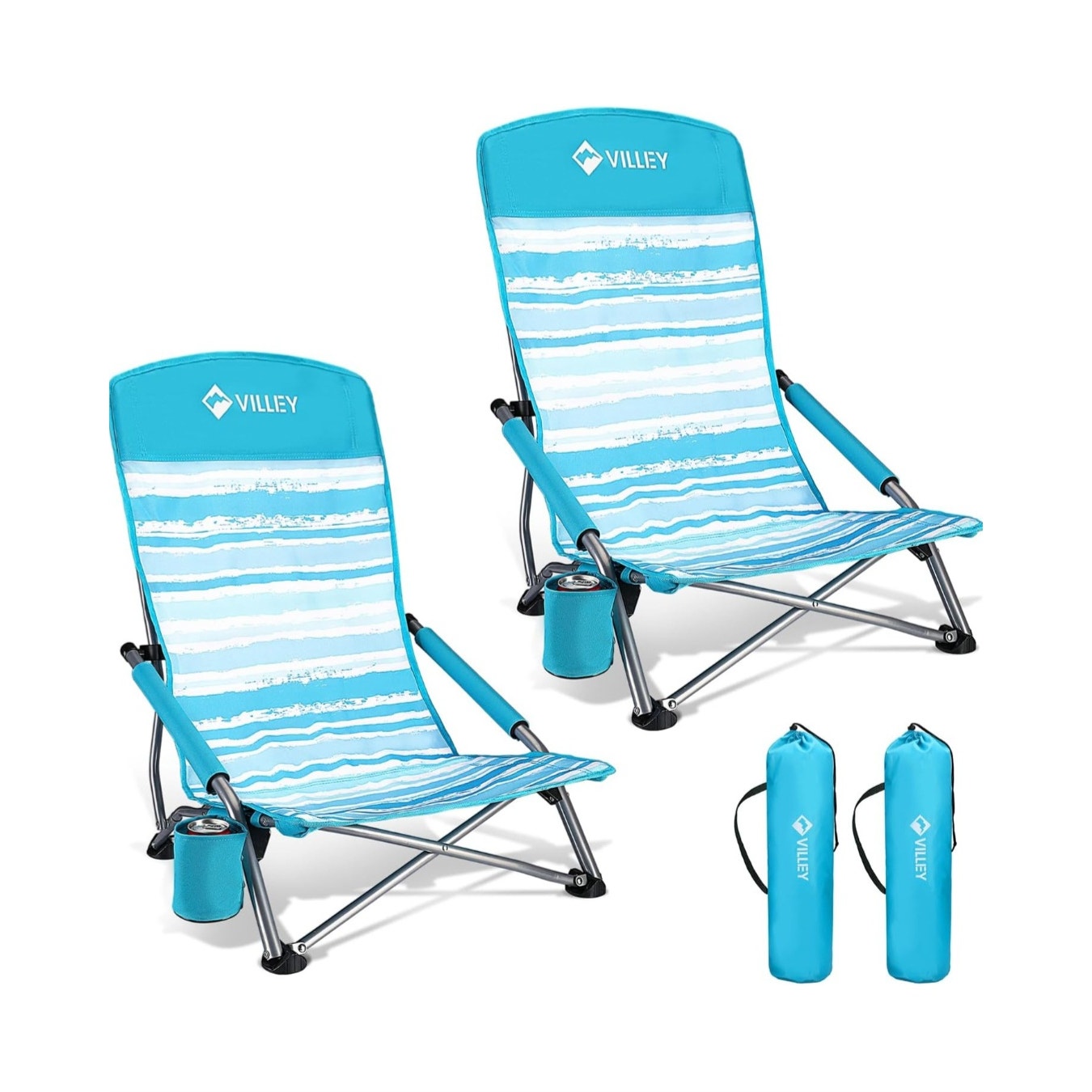 Low Beach Chairs 2 Pack, High Back, Folding, Lightweight, Cup Holder, Carry Bag