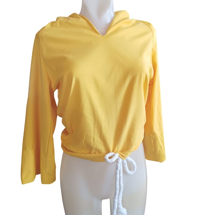 1OF1 Medium Boho Yellow Drawstring Hoodie Crop Top 1970's Handmade Hippy