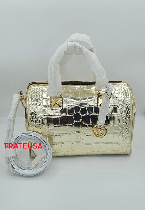 NWT Michael Kors Grayson Medium Metallic Crocodile Embossed Leather Satchel Gold
