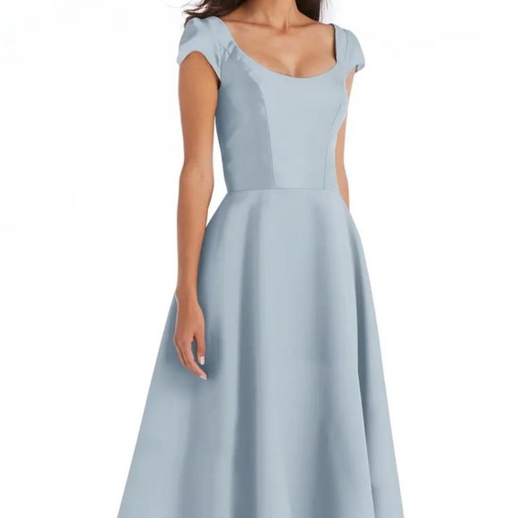 Alfred Sung Blue Mist Cap Slv Full Skirt Satin Midi Cocktail Dress D798