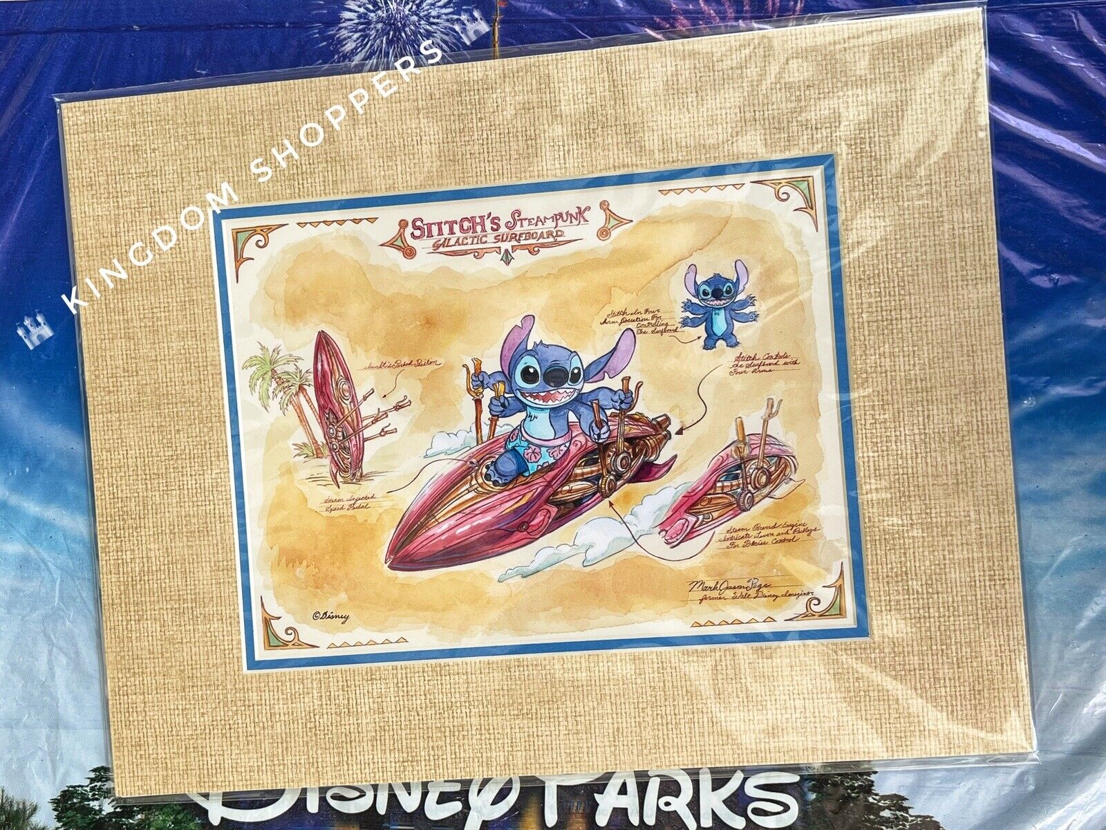 2024 Disney Parks Mark Jason Page Stitch Steampunk Surfboard 14x18” Matte Prin