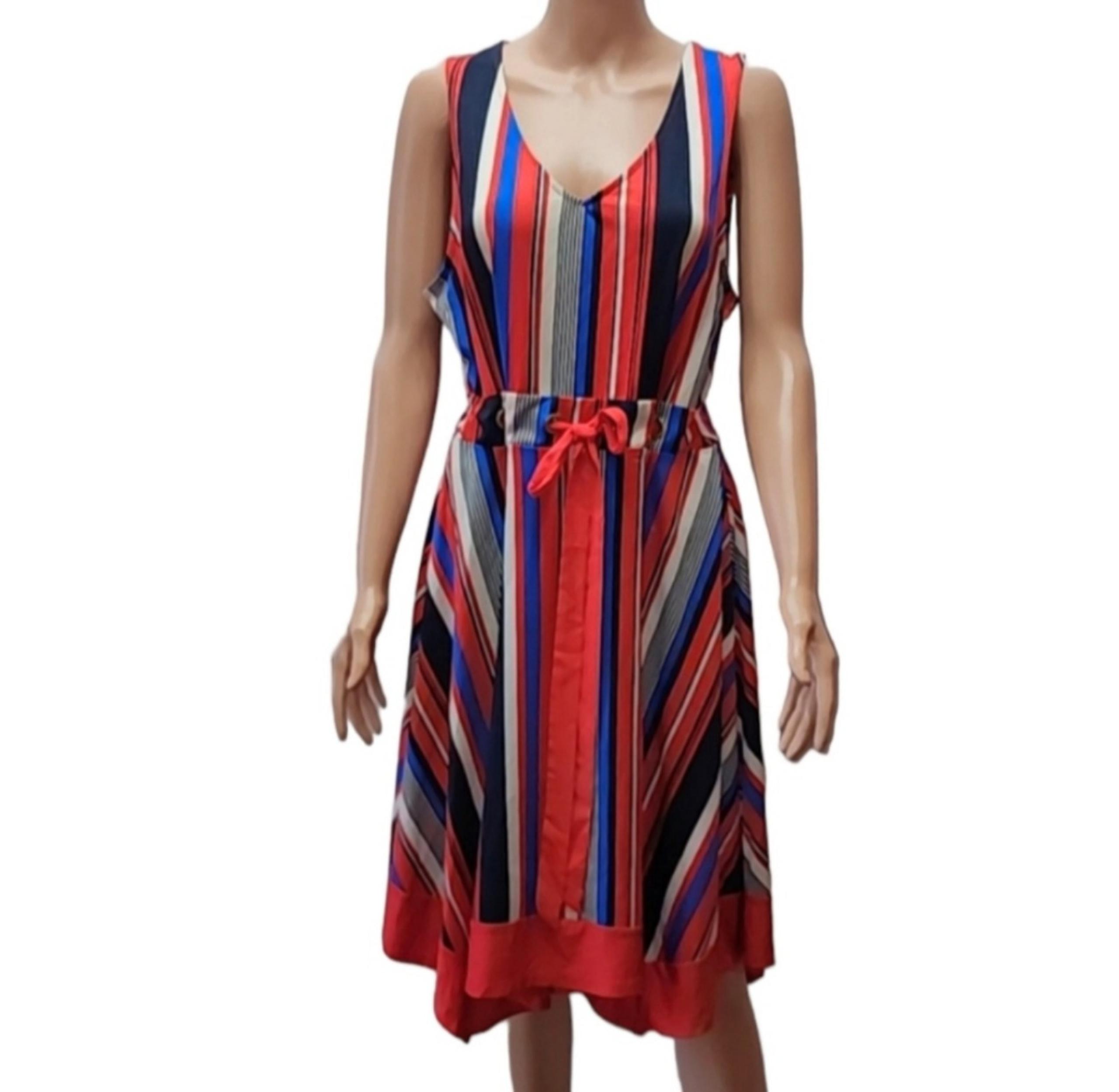 Wrapper Red black and blue striped dress sleeveless V neck Size XL