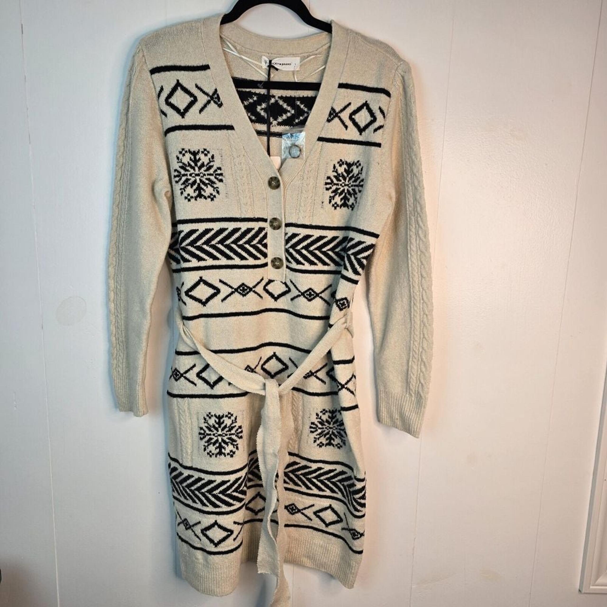 Lucky Brand Cable Knit Long Sleeve Sweater Dress Womens Large Mocha Jacquard NEW