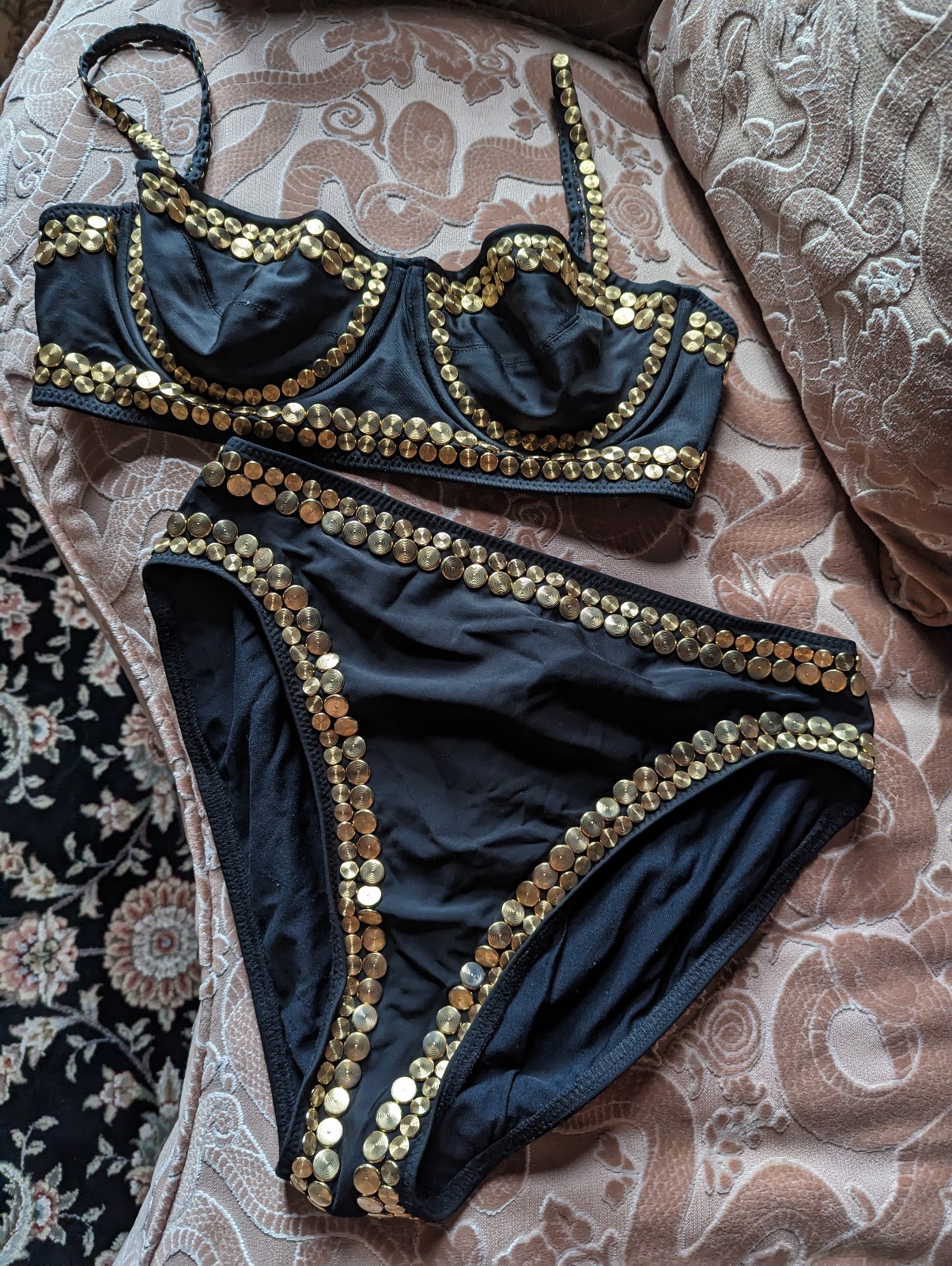 Norma Kamali Black Gold Stud Bikini L