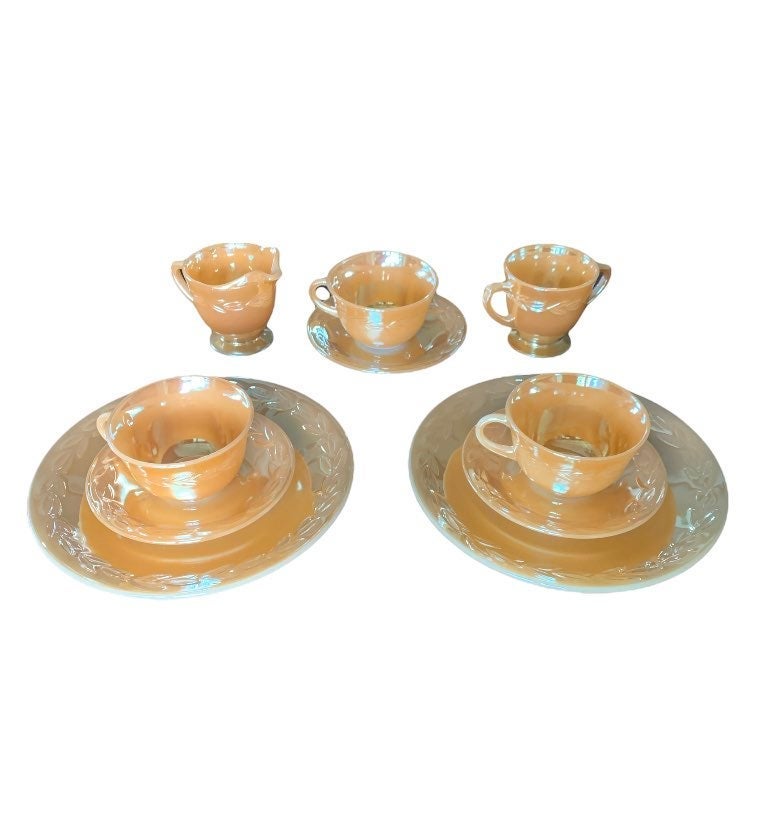 Fireking Vintage Peach Luster Laurel Leaf Design Dish Set Collection, 10 pieces