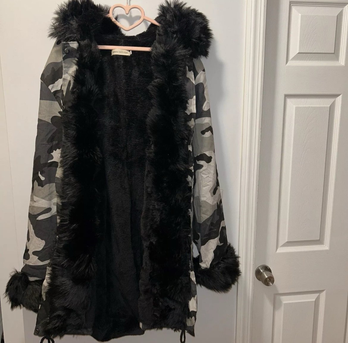 Gray Camo Jacket with Black Faux Fur