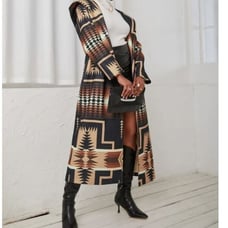 Fall Geometric Print Hooded Cape Long Sleeve Overcoat L5