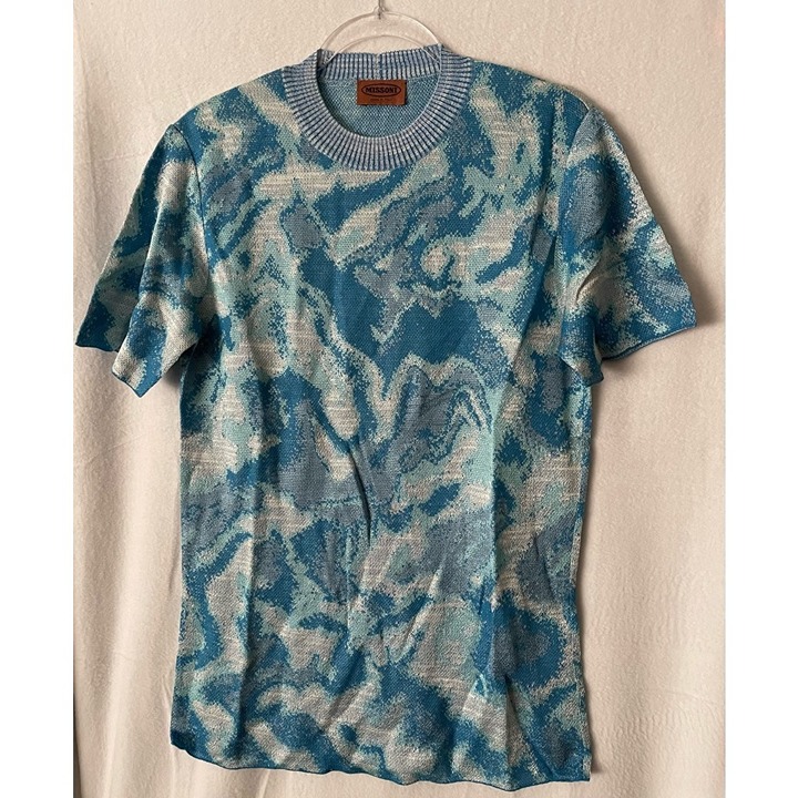 Missoni Knitted T-Shirt Womens L Blue Abstract Short Sleeve Crew Neck Italy