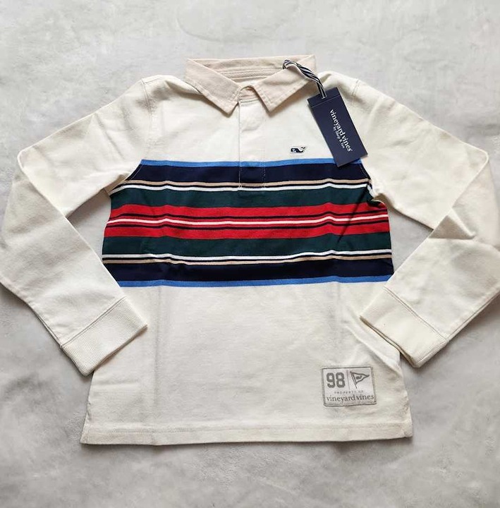 New Boys 7 Vineyard Vines cotton rugby polo longsleeve stripe shirt Marshmallow