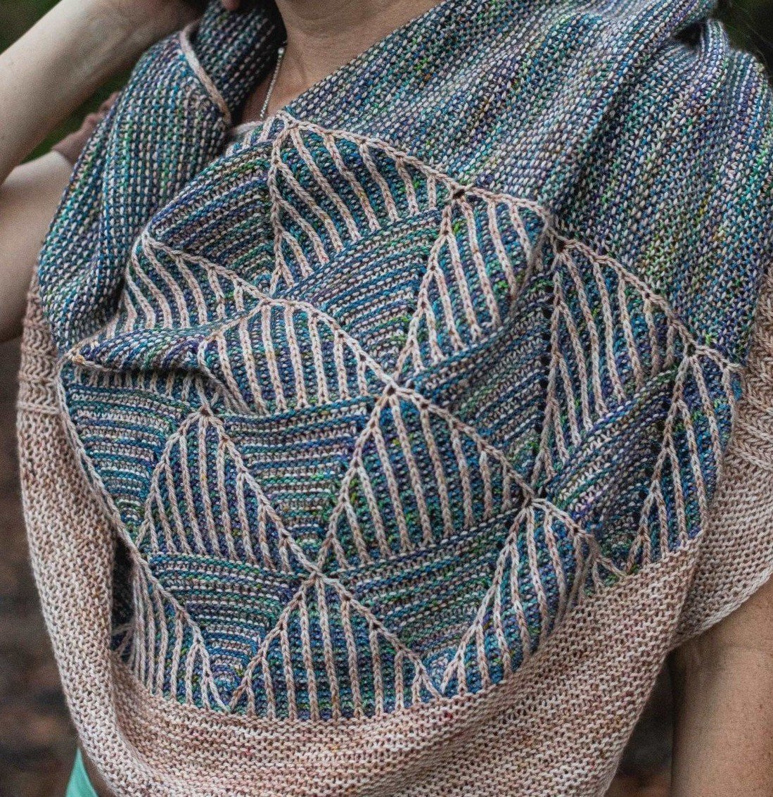 Handknitted Wool Light Blue Brown Brioche Scarf