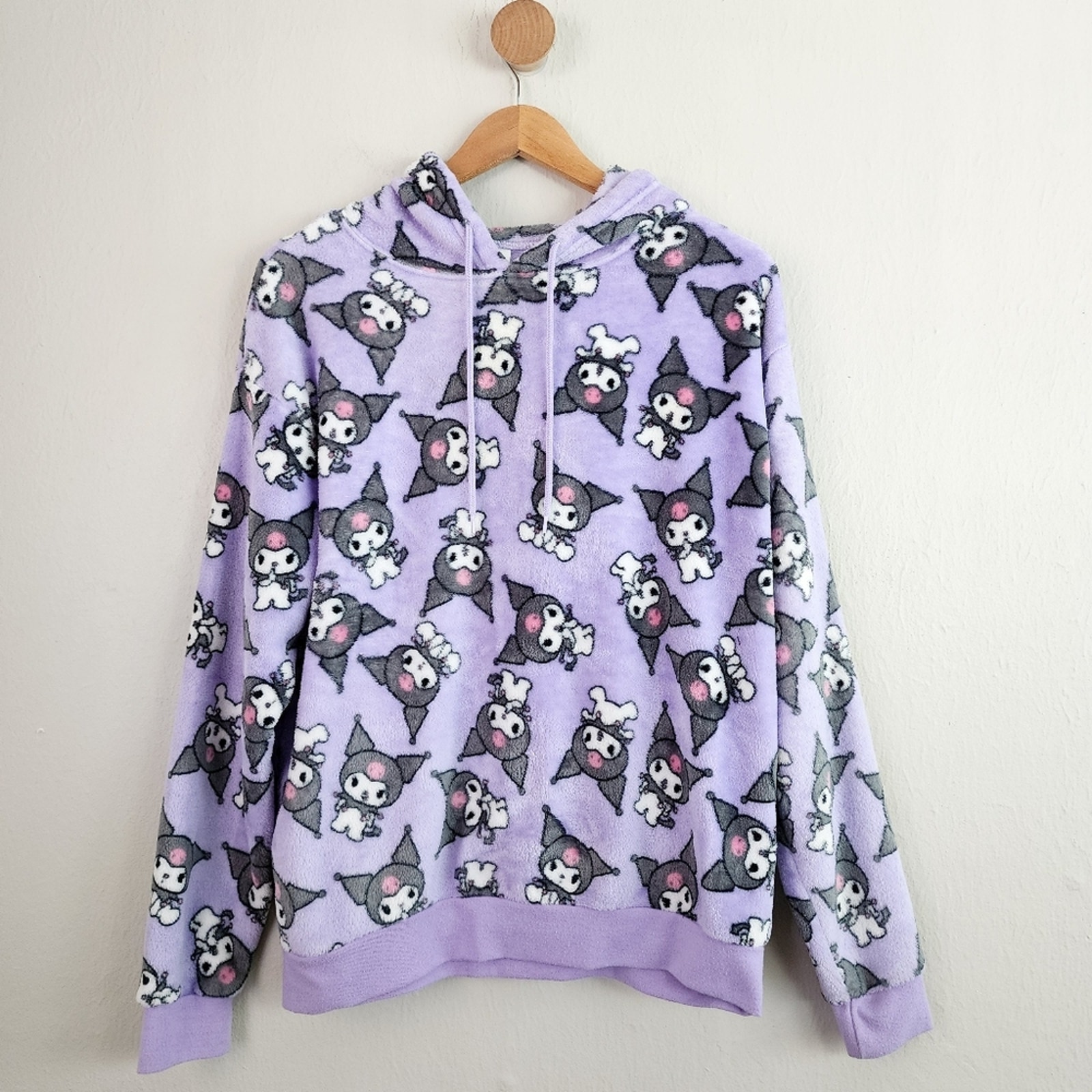 Sanrio Kuromi Fuzzy Fleece Purple Graphic Long Sleeve Hoodie