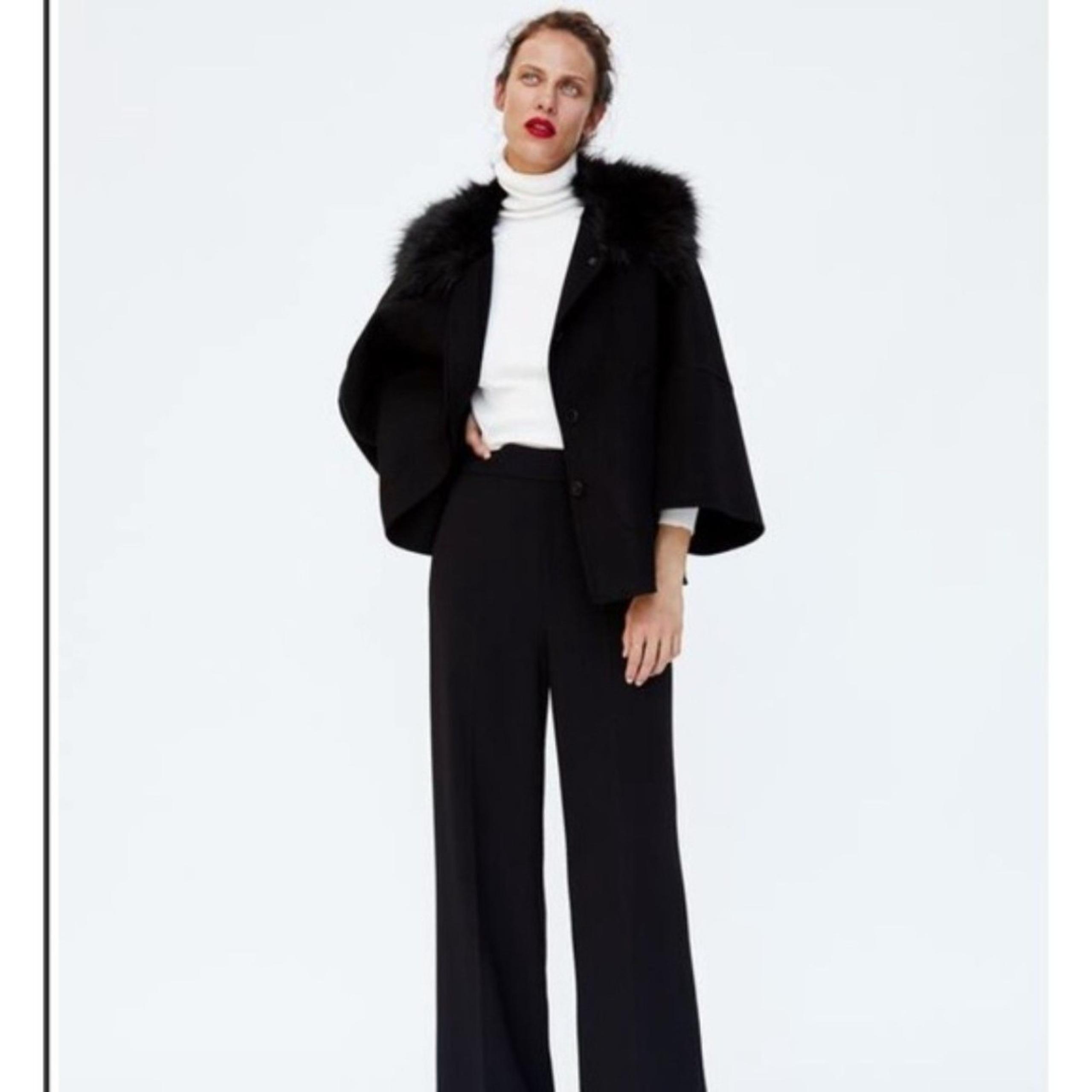 Zara Wool Blend Jacket Over Coat, Removable Fur Collar, Black, Wide Sleeve Sz M