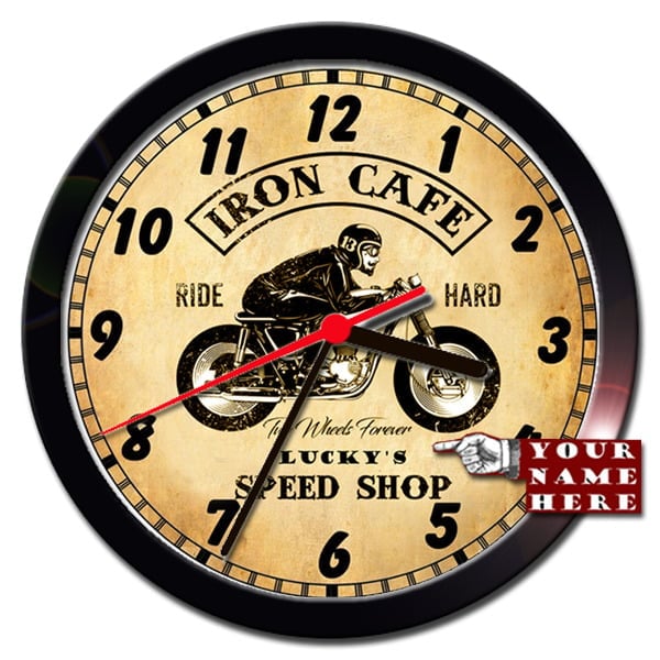 LUCKY'S IRON CAFE MOTORCYCLE SPEED SHOP VINTAGE LOOK PERSONALIZED WALL CLOCK