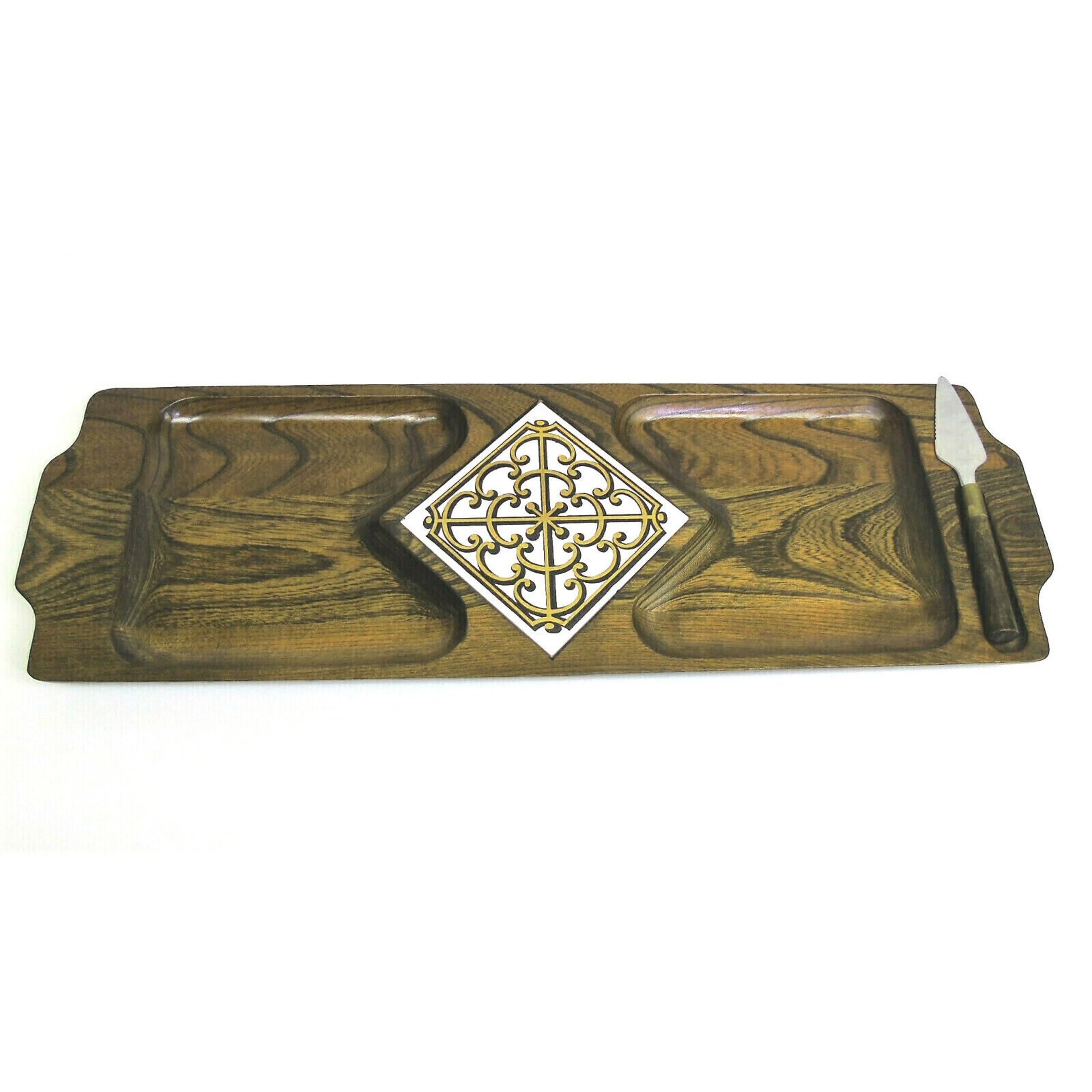VTG Wood SERVING TRAY Ceramic Tile Stainless Knife JAPAN Artwood 21" Meat Cheese