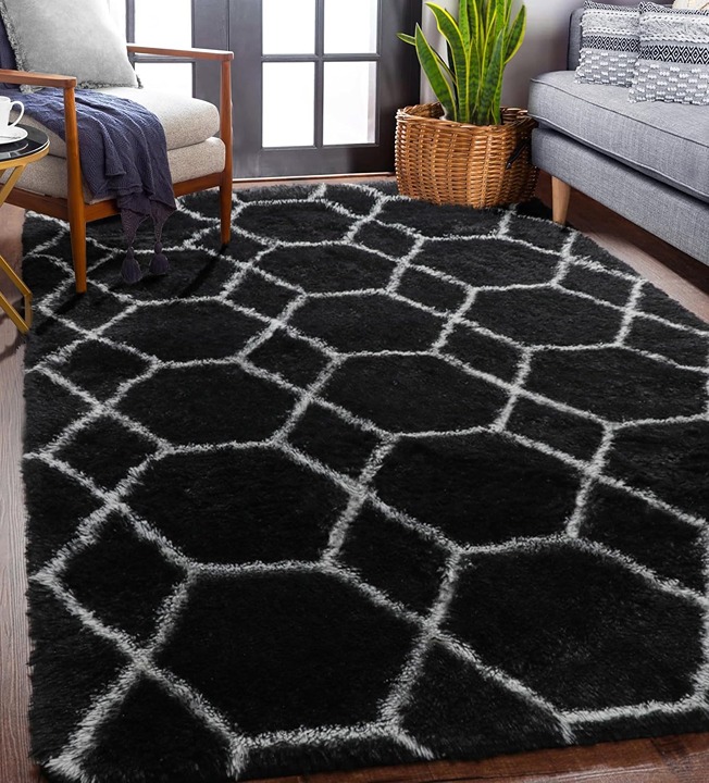 Geometric Washable 4x6 Black and White Fluffy Shag Throw Rugs