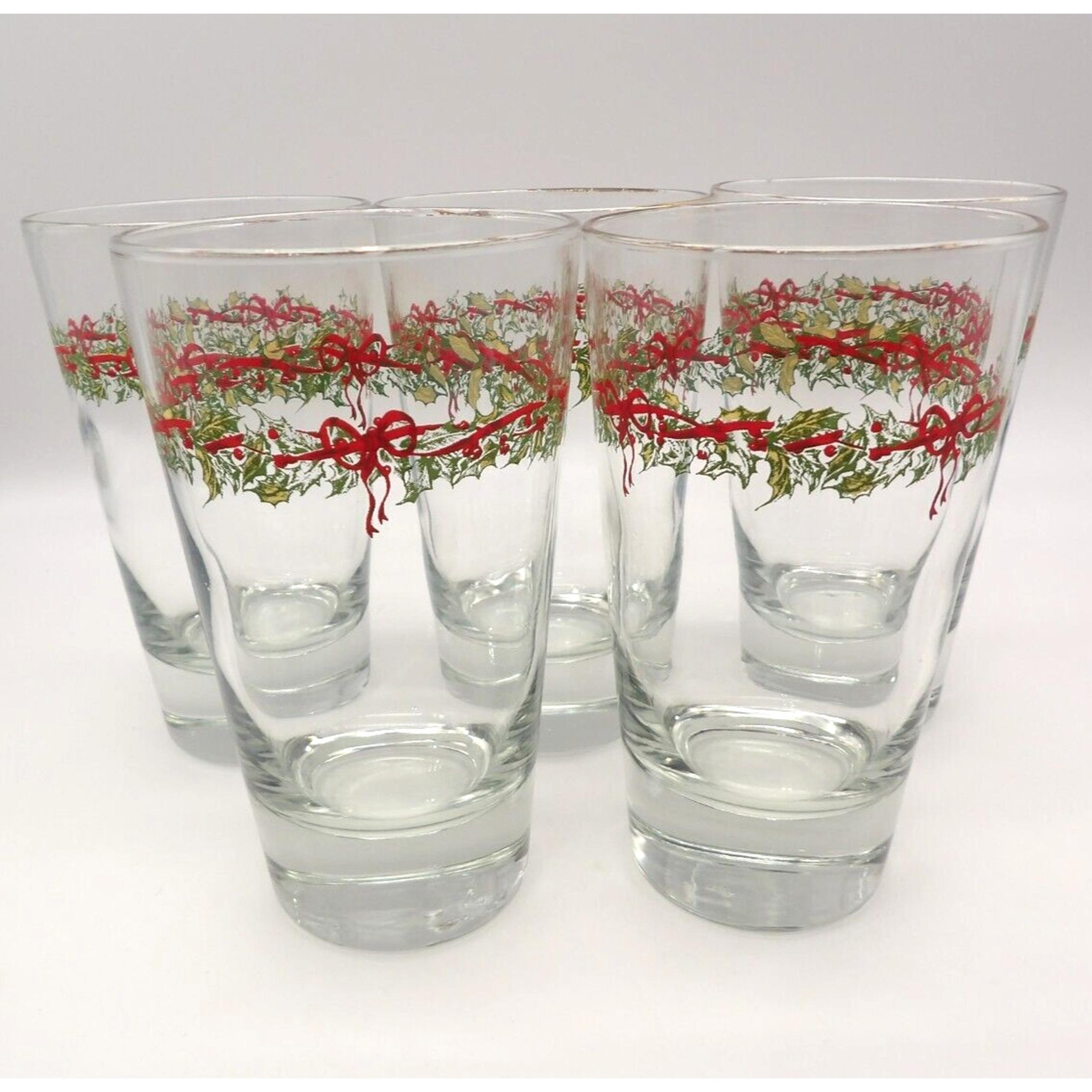 Libbey Set of 5 Christmas Mistletoe Garland with Red Bow Heavy Bottom Tumbler