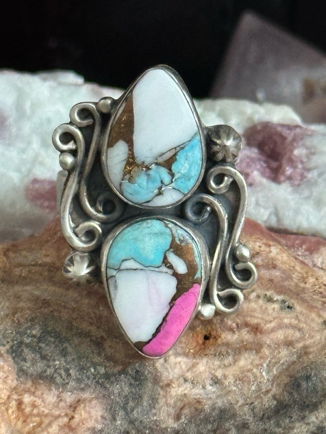 Cotton Candy Dahlia Southwestern Sterling Silver Adjustable Ring