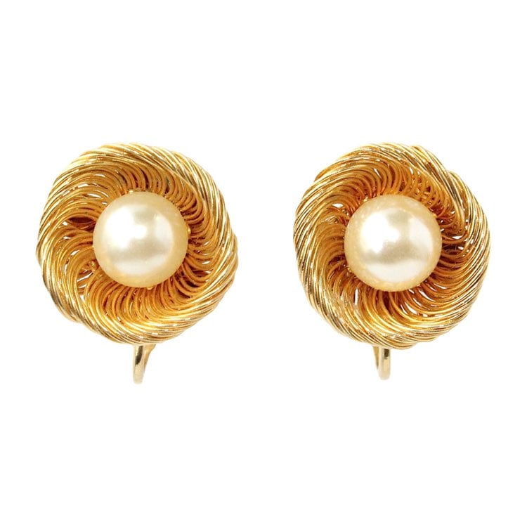 Vintage Faux Pearl Bird’s Nest Clip On Earrings Gold Tone Egg Pearls Woven Wire
