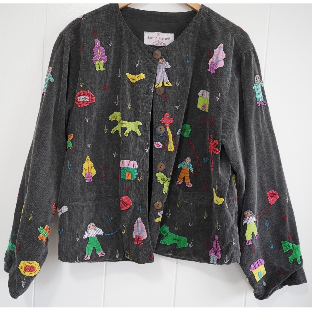 Sacred Threads Sewn People and Shapes Button Cardigan ML 100% Cotton