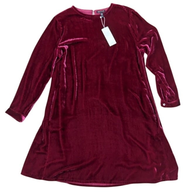 NWT Eileen Fisher Silk Blend Red Velvet Claret Long Sleeve Dress Women's Medium