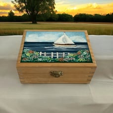 Decorated Storage Box Seaside Ocean Sailing Boat Wooden Jewelry Trinket Keepsake
