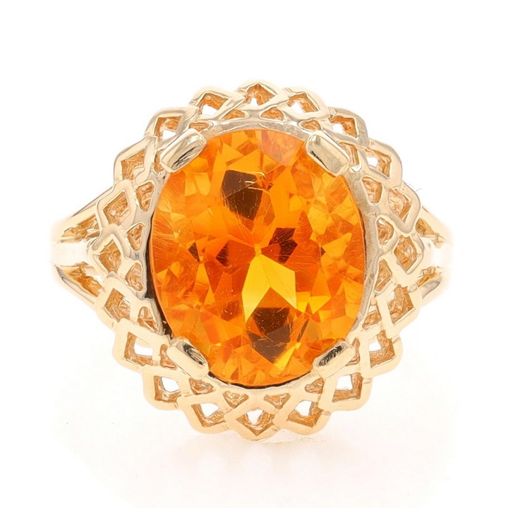 Yellow Gold Citrine Cocktail Solitaire Ring - 14k Oval 4.20ct Lace Border LX2114