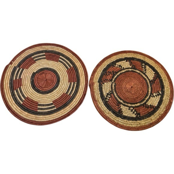 2 African Woven Coil Flat Basket Hot Plate Pad Table/Wall Decor Art