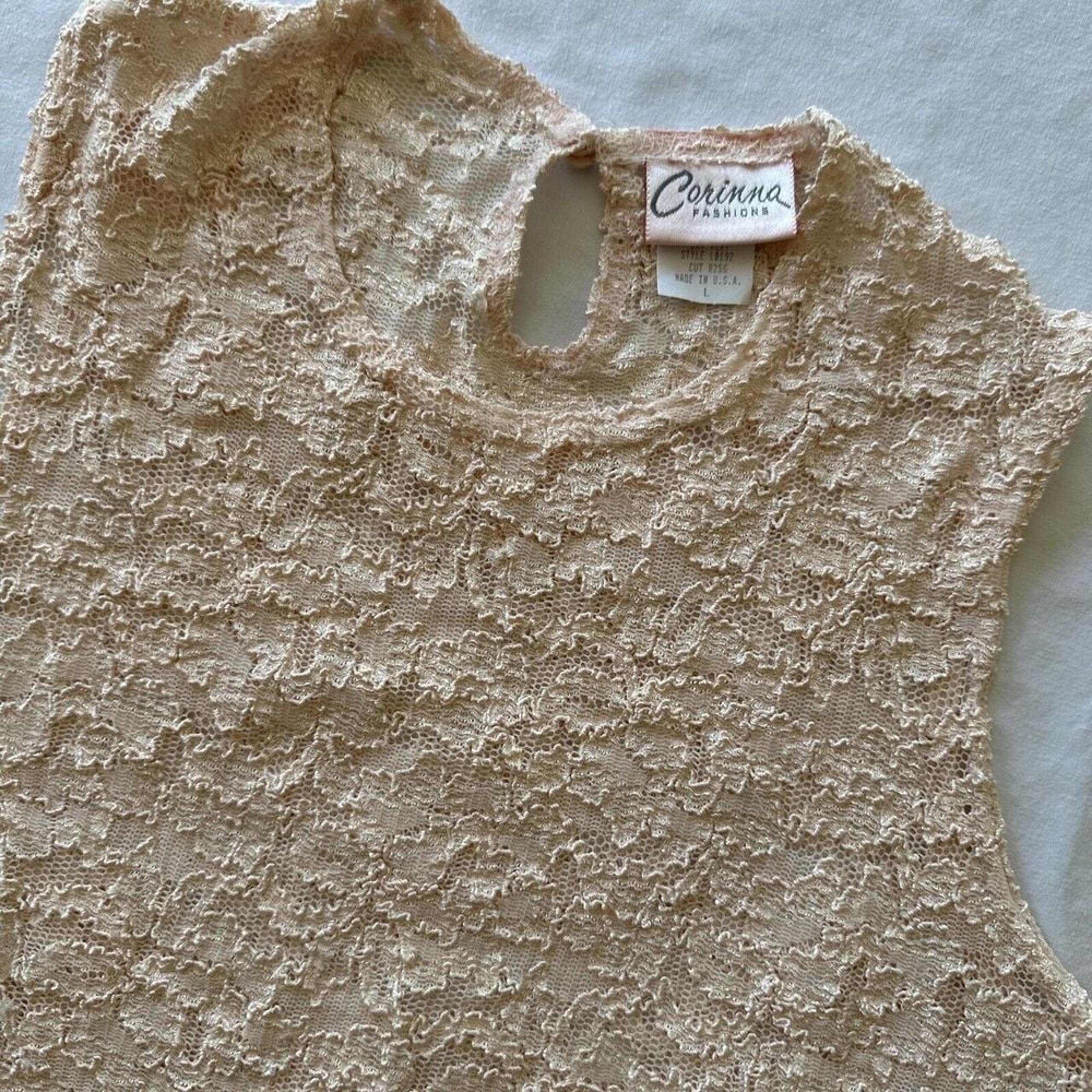 Vintage Corinna Fashions Women's Large Ta Top Lace Peach Stretch USA