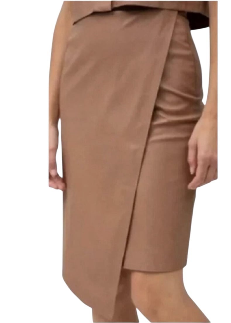n: Philanthropy Brown Faux Wrap Vegan Leather Shirt Side Zip Midi Skirt Sz Small