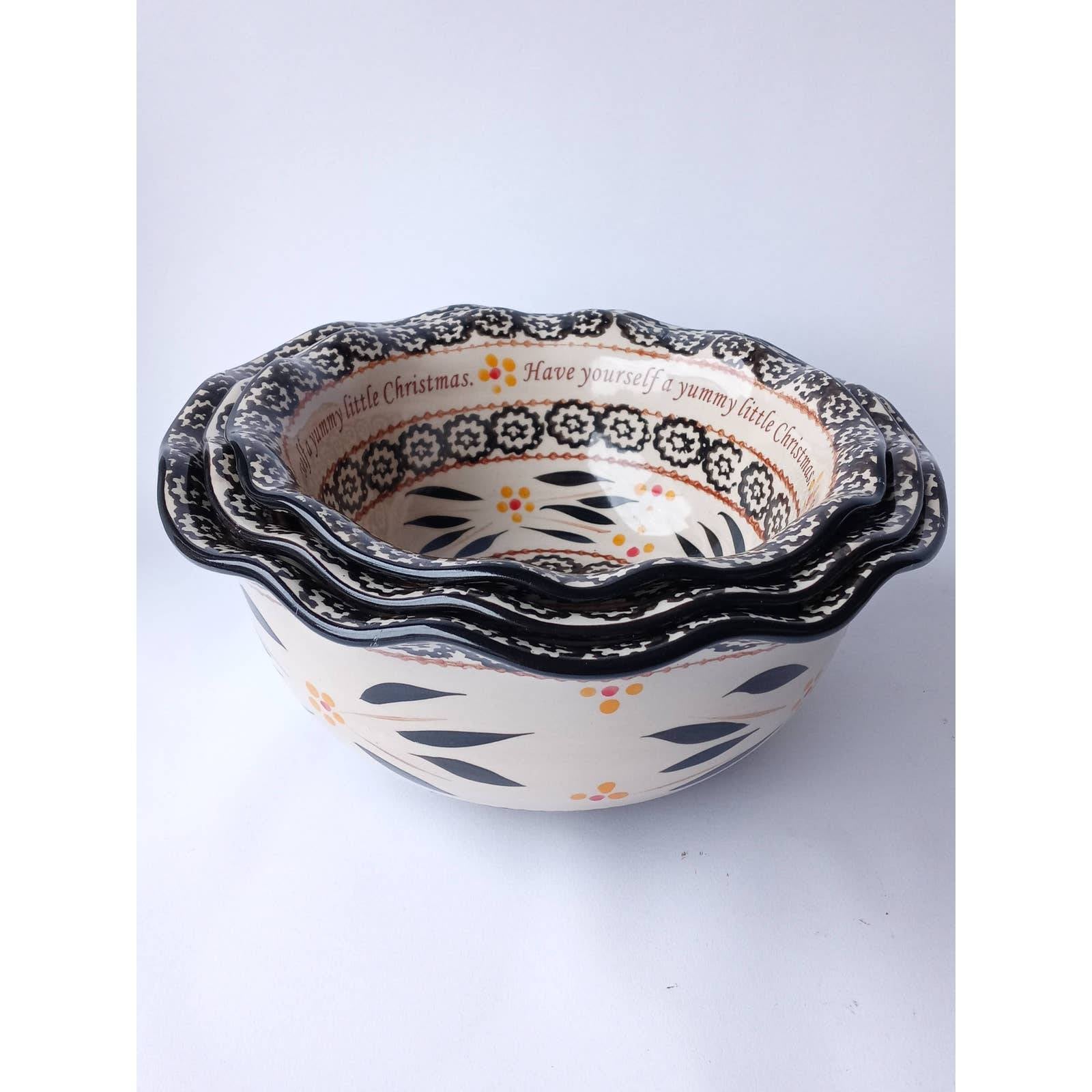 Temptations Old World Black 3 Stacking Bowls Christmas Writing Inside New