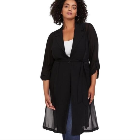 Torrid Black Slightly Sheer Georgette Trench Coat Kimono Duster Plus Size 2X